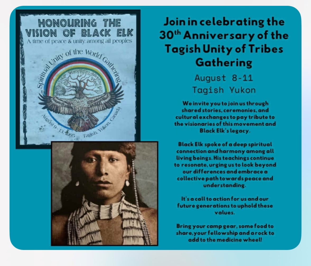 30th Anniversary of the Tagish Unity of Tribes Gathering. Join in celebrating the 30th Anniversary of the Tagish Unity of Tribes Gathering.<br />
August 8-11<br />
Tagish Yukon
